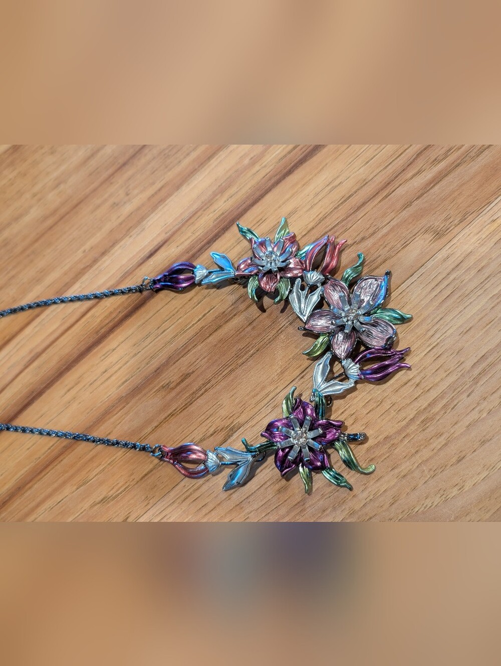 Silvertone And Floral Statement Necklace